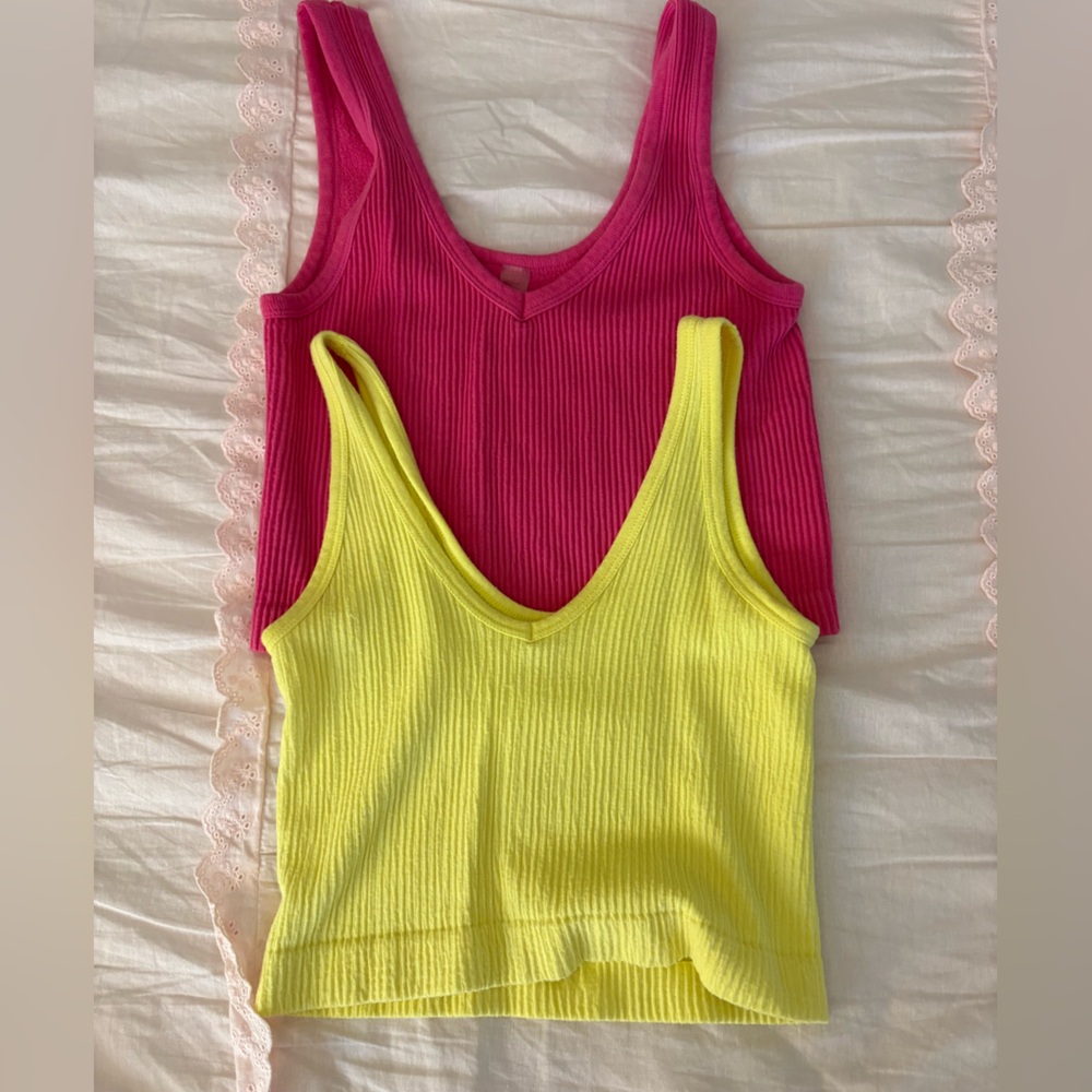 Yellow and Pink Ribbed Knit Tops